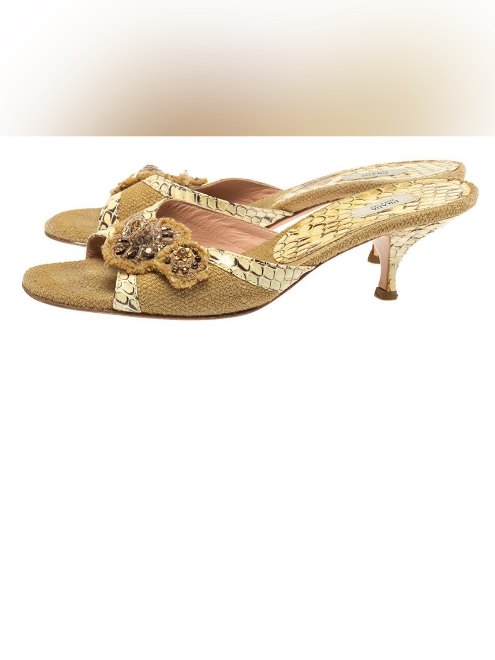 Prada Gold Textured Jute & Python Snakeskin Women’s Heels